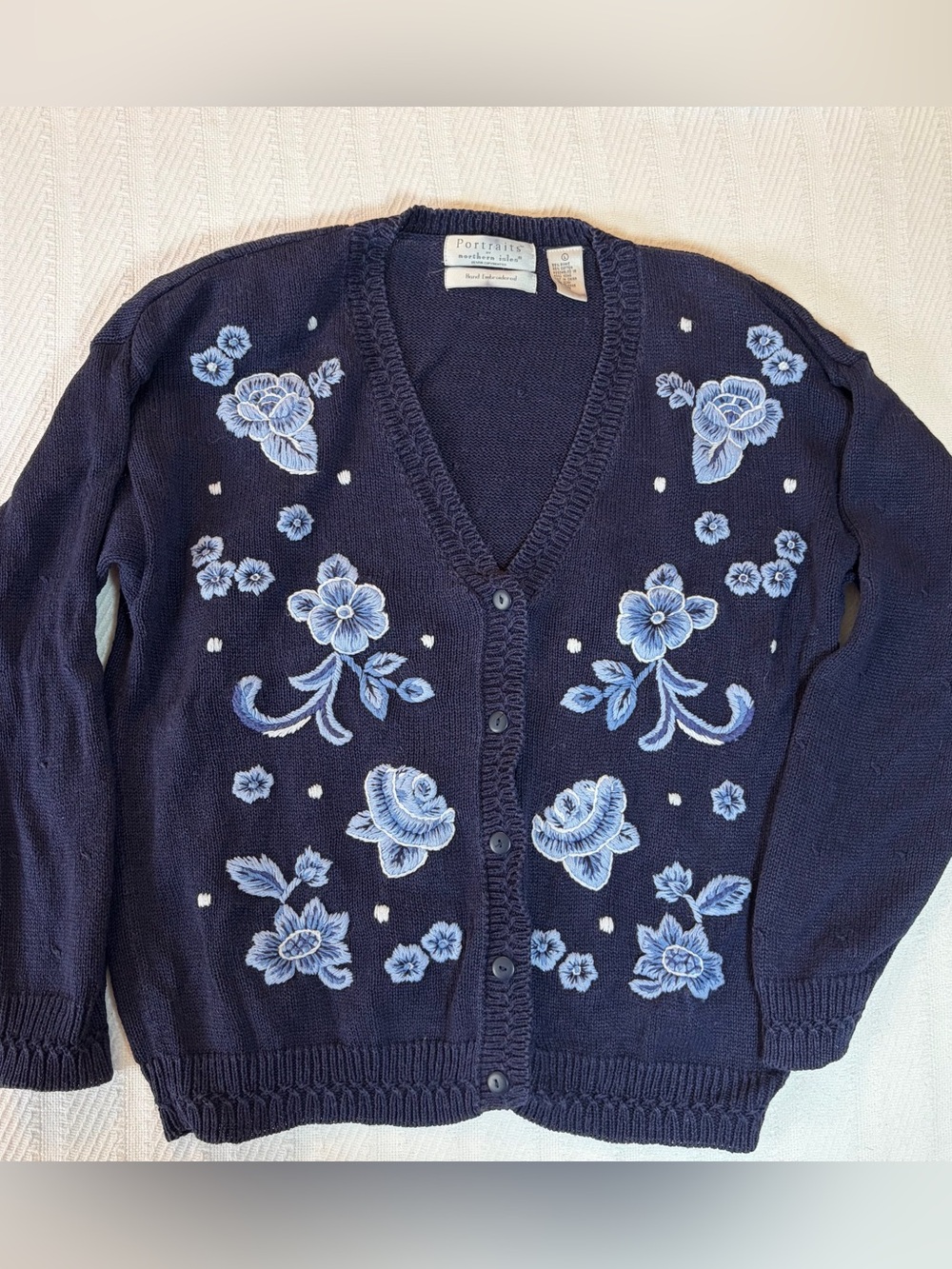 Vintage 90s Sweater Large Portraits By Northern Isles Cardigan Blue Embroidered